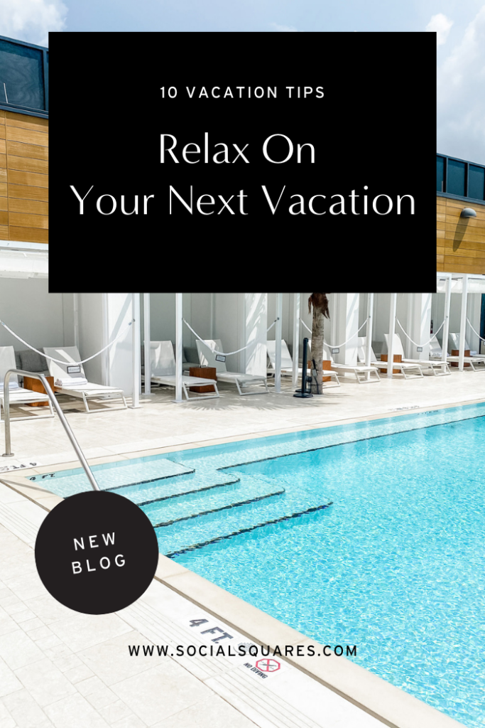 Vacation tips blog promotion graphic with swimming pool.