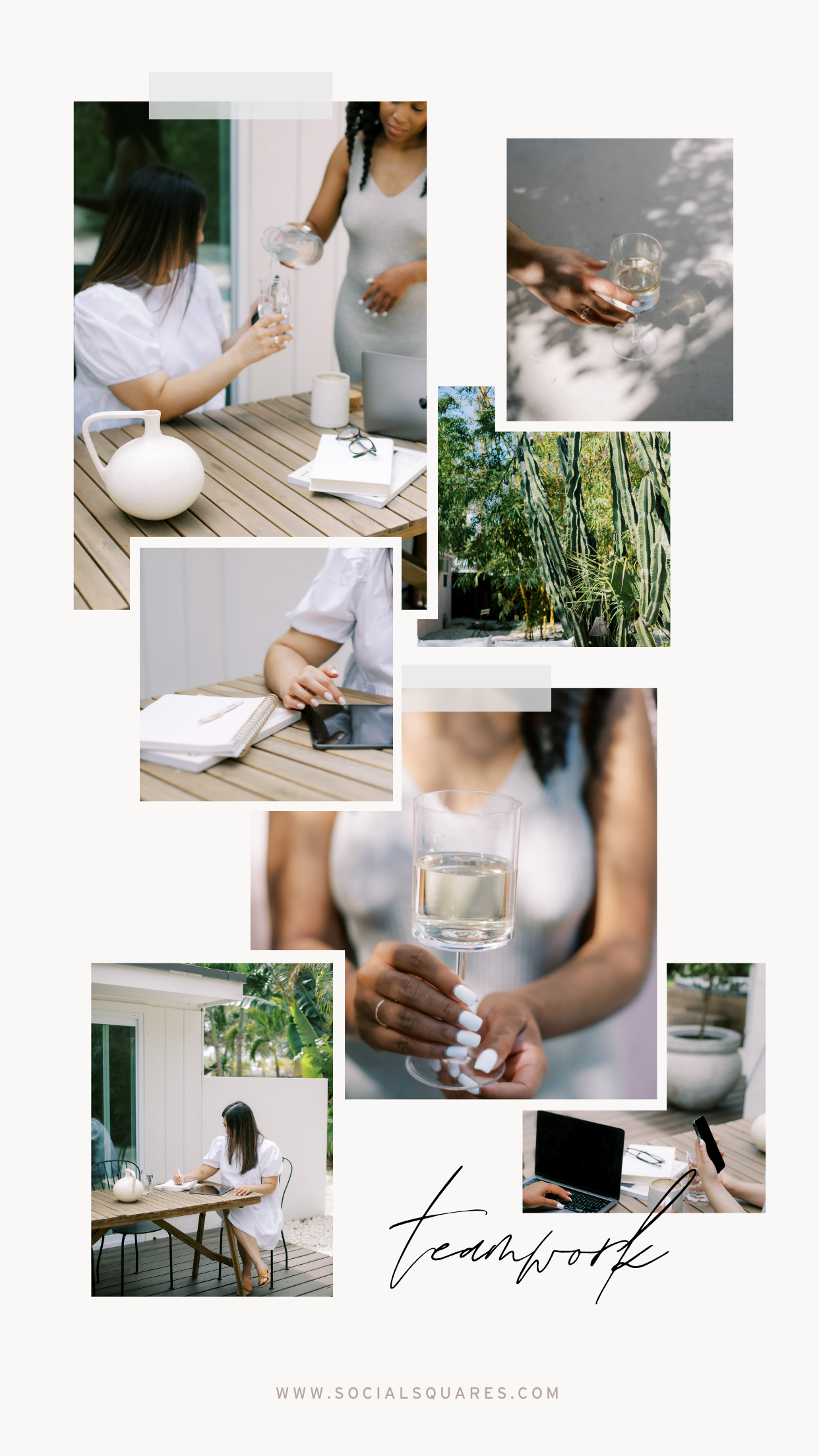 Brand inspiration moodboard for a feminine brand. Full of close up feminine images with a patio setting